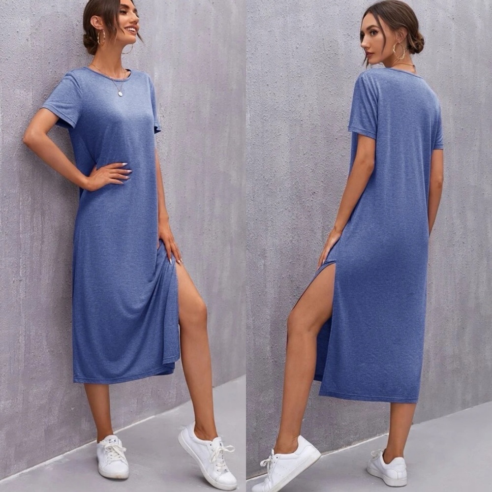 Short sleeve midi length slit tee dress casual boho black - Picture 9 of 10